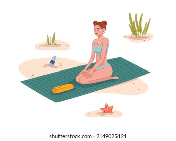 Young woman relaxing in yoga pose on beach in bikini on summer vacations, flat vector. Girl or woman on beach in swimsuit in yoga meditation on beach towel at seaside or ocean, wellness and relaxation