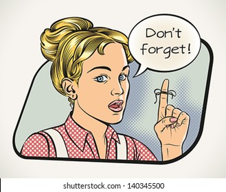 Young woman is reminding something. Vector illustration in comics style.