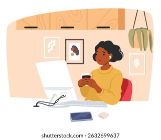 Young woman remote employee character sitting front of computer monitor working online on business project and drinking coffee at cozy home office workplace cartoon scene vector illustration