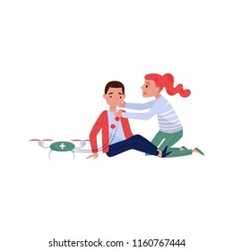 Young woman rendering first aid to injured young man using medical equipment delivered by a drone, fast delivery service vector Illustration on a white background