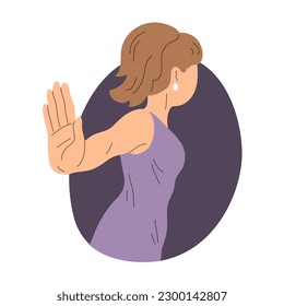 Young woman resolutely refuses. Stop hand gesture. Hate, reject and respond. Human negative emotion. Cartoon vector illustration isolated on white background