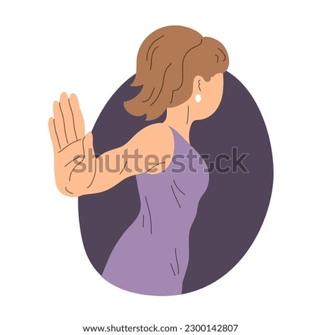 Young woman resolutely refuses. Stop hand gesture. Hate, reject and respond. Human negative emotion. Cartoon vector illustration isolated on white background