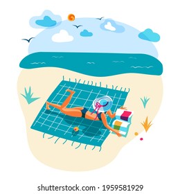 Young woman rest on seacoast lying on plaid blanket reading book or looking fashion magazine. Summer relaxation, seasonal vacation on tropical resort or river bank. Beach holiday lettering. Vector