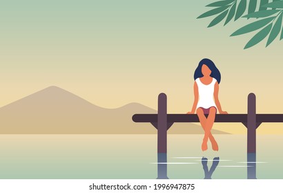 A young woman is resting by the river. A girl are sitting on a pier above the water. Calm rest. Vector flat illustration banner with place for text
