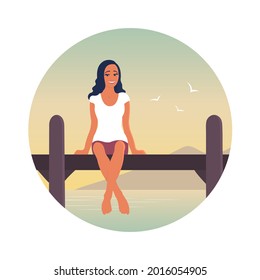 A young woman is resting by the sea. A girl are sitting on a pier above the water. Happy face with a smile. Tropical resort. Calm rest. Vector cartoon illustration
