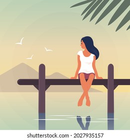 A young woman is resting by the sea. A girl are sitting on a pier above the water. Happy face with a smile. Tropical resort. Calm rest. Vector cartoon illustration