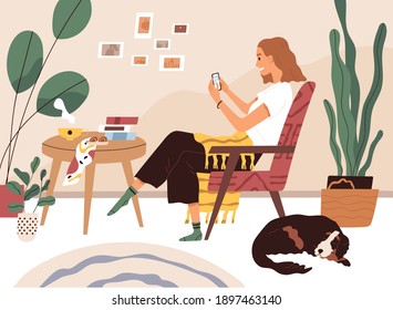 Young woman resting in comfy armchair with mobile phone, surfing internet and chatting online. Happy female character relaxing and using smartphone at home. Colored flat vector illustration