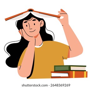 Young woman resting her head on her hand while holding an open book above her head. Illustration symbolizes studying, reading, relaxation, and a playful approach to learning.