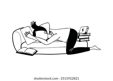 Young woman resting at home, lying on sofa and sleeping relaxed Hand drawn Line isolated flat vector illustration on white background
