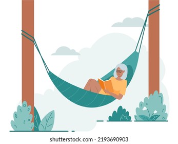 Young woman resting at nature, laying in hammock and reading book. Vector flat illustration.