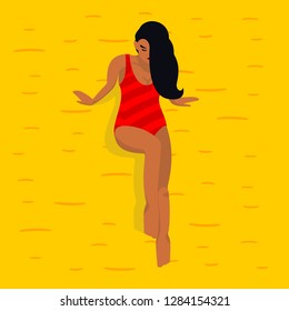 Young woman resting on the beach. Summer rest. Sea vacation. Web graphics, banners, brochures, business templates. Vector flat illustration.