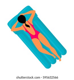 Young woman resting on blue floating air mattress on swimming pool water. Summer rest. Sea vacation. Web graphics, banners, brochures, business templates. Vector flat illustration.
