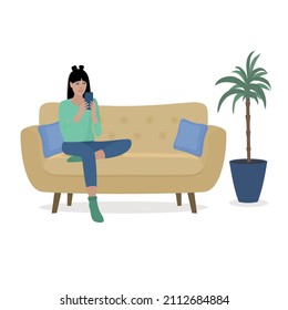 Young woman resting on the couch browsing mobile phone. Interior. Vector illustration 