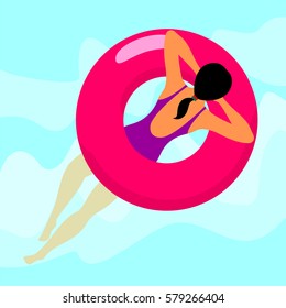 Young woman resting on floating red rubber ring on swimming pool water background. Summer rest. Sea vacation. Web graphics, banners, brochures, business templates. Vector flat illustration.