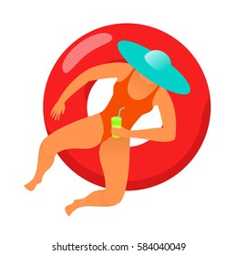 Young woman resting on floating red rubber ring on swimming pool water. Summer rest. Sea vacation. Web graphics, banners, brochures, business templates. Vector flat illustration.