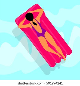 Young woman resting on red floating air mattress on swimming pool water. Summer rest. Sea vacation. Web graphics, banners, brochures, business templates. Vector flat illustration.