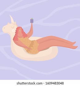 
A young woman is resting on the sea. Bathes on an inflatable circle. Vector illustration.
