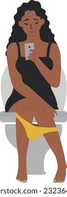 Young woman in restroom using her phone. woman uses phone on toilet vector illustration 