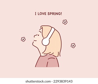 Young woman rests listening the music on nature in the spring. Hand drawn style vector design illustrations.