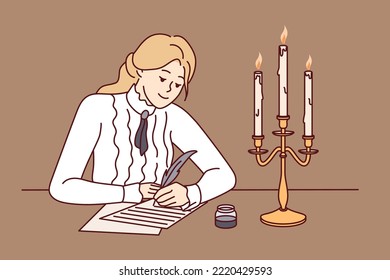 Young woman in retro clothes sit at desk write with feather and candles burning. Happy lady handwrite on paper during old times. Vintage style. Vector illustration. 