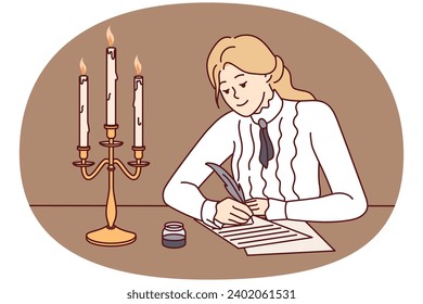 Mujer joven con ropa retro sentada en el escritorio escribe con pluma y velas quemándose. Feliz dama escribiendo a mano en el papel durante los viejos tiempos. Estilo vintage. Ilustración vectorial.