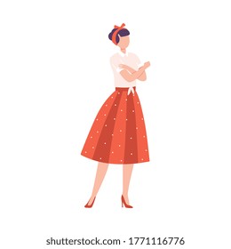 Young Woman in Retro Dress Crossing her Arms Saying No, Feminism, Freedom, Protest, Female Power and Rights Concept Flat Style Vector Illustration