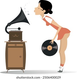 Mujer joven y retro tocadiscos. 
Mujer joven tiene un récord de larga duración y escucha a un reproductor de discos vintage. Aislado en blanco
