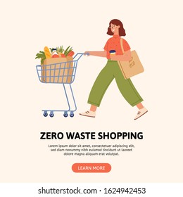 Young woman with reusable bags and coffee cup. Zero waste shopping, vegetarianism, environment preservation, ecology protection concept