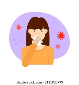 Young woman with rhinitis blowing her nose into white handkerchief on the background of viruses. Vector flat illustration. Blocked nose, coronavirus, rhinitis, flu concept