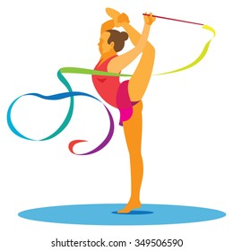 A young woman is rhythmic gymnast with ribbon
