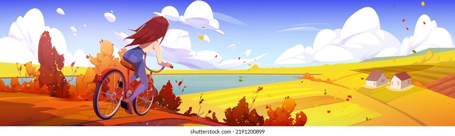 Young woman ride bicycle at autumn rural landscape with yellow fields, cottages and clear lake under blue cloudy sky. Girl travel, outdoor sport exercise, healthy lifestyle Cartoon vector