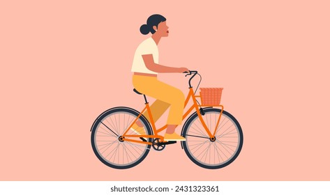 Young Woman Ride a Bicycle for Healthy Wellness, Female Character on Bike, Eco-Friendly, Active Lifestyle and Transport Concept, Flat Vector Illustration Design