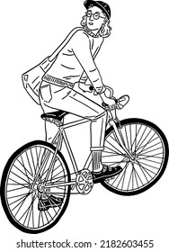 Young Woman ride bicycle People city lifestyle Hand drawn Line art Illustration