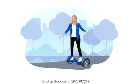 Young woman ride in the city park on a two-wheeled electric gyro scooter. Vector illustration.