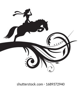 Young woman ride horse on abstract spiral ground, vector