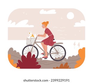 Young woman rides a bicycle with a cat in a basket, vector illustration. Happy girl trip together with happy cute animal in special bag and helmet. Pet owner in nature landscape. Flat cartoon style.