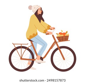 A young woman rides a bicycle. Female in fashionable warm clothes on a bike ride isolated on a white background. Flat vector illustration.