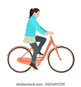 Young woman rides a bicycle flat style vector illustration