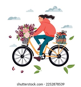 Young woman rides a bicycle. Happy girl is carrying a stack of books tied with twine,  bouquet of lilacs in a basket.Readers concept.Vector cartoon flat style illustration isolated on white.