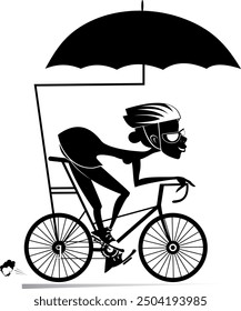 Young woman rides a bicycle under an umbrella.
Smiling woman in helmet rides a bike and protects herself with umbrella. Black and white illustration
