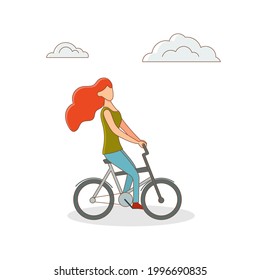 Young woman rides a bicycle. Vector illustration in flat style isolated on white background