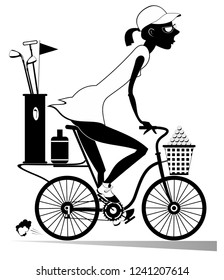 Young woman rides the bike and goes to play golf illustration. Young woman on the bike is on the way to the golf course black on white illustration 
