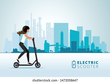 Young woman rides electric scooter