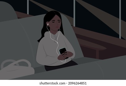 A young woman rides at night in an intercity bus. A girl riding on a train dozed off while listening to music from her smartphone. Flat vector illustration