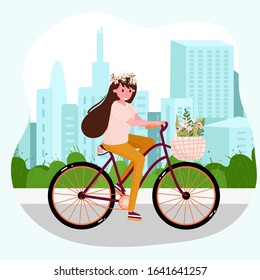 Young Woman rides on the bicycle in the park. Elegant Lady on the bicycle with flowers. Healthy urban activity outside. Cyclists recreation outdoors, in the city. Vector illustration.