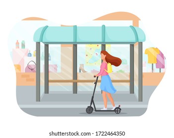 Young woman rides on electric scooter through the city. Ecology transport concept. Vector illustration.