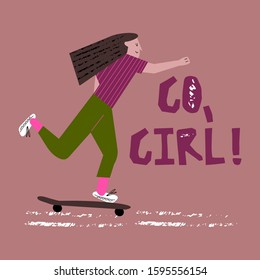 Young woman rides a skateboard. Girl power. Extreme sports. Woman day card. Flat vector illustration. Active lifestyle.
