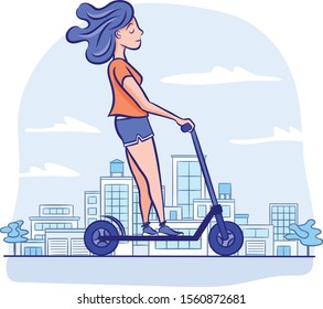 A young woman rides through the city on her electric scooter