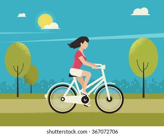 Young woman rides white bicycle in the park in spring season. Flat color illustration of teenage healthy leisure and freedom