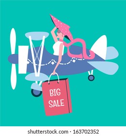 Young Woman Riding An Airplane For Big Sale Shopping